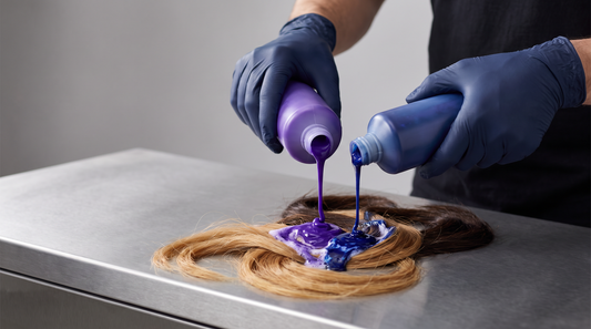 Purple and blue toning shampoo being applied to blonde and brunette hair swatches in a salon setting