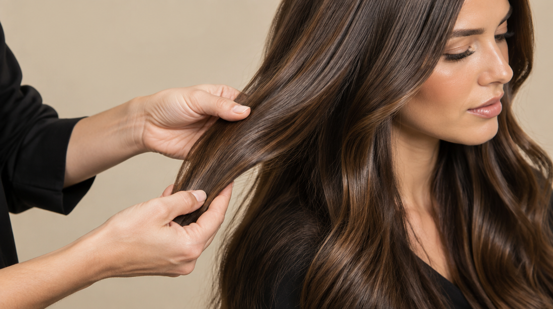 Hairstylist examining a strand of hair to check for dryness versus damage