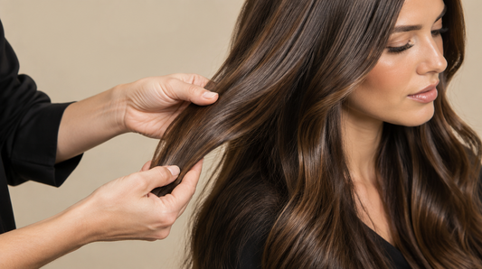 Hairstylist examining a strand of hair to check for dryness versus damage
