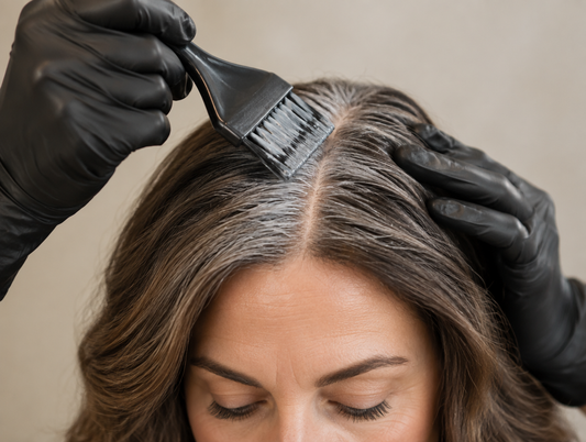Colorist applying permanent hair color to gray roots for full gray coverage