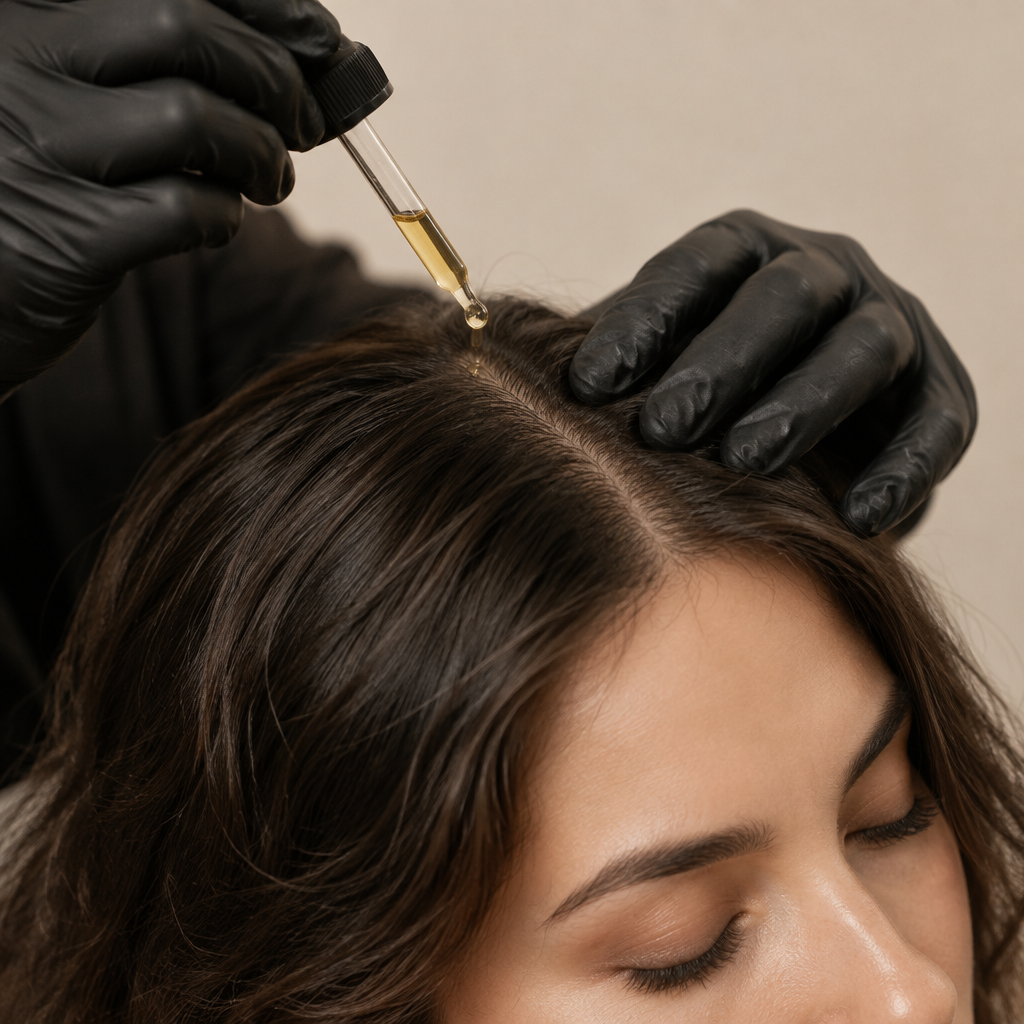 Applying scalp oil to calm an itchy winter scalp