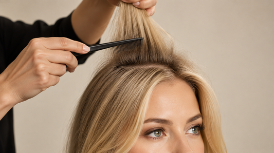 Stylist lifting the root of fine hair with a comb to add volume