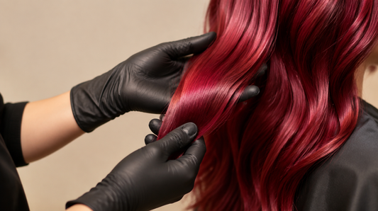 Hairstylist examining vibrant red hair color for fade and shine