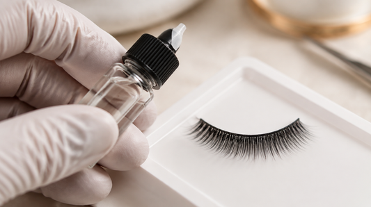 Gloved lash technician holding a bottle of latex-free lash adhesive beside a strip lash