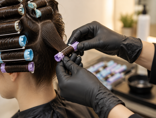 Hairstylist winding a section of hair onto a colored perm rod