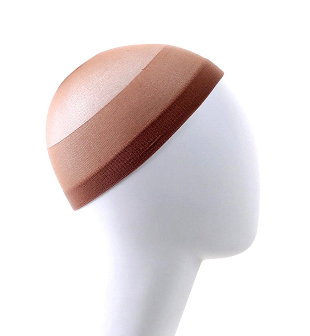 Gray and brown stretch nylon wig caps fitted on a mannequin head, the breathable base stylists use under a full wig