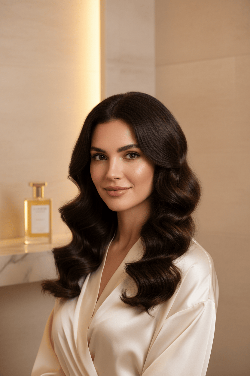 Woman with glossy dark waves in a spa robe after a hot oil deep conditioning treatment